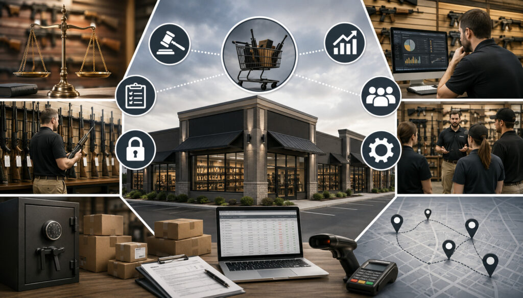 Multi-store firearm retailer operations and management illustration