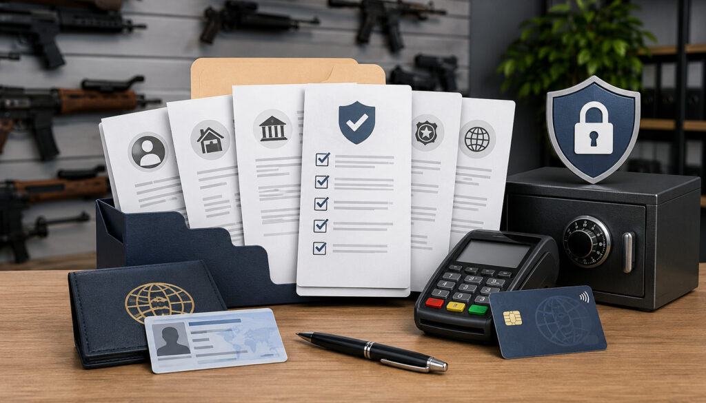 Firearm merchant account approval documents and payment setup illustration