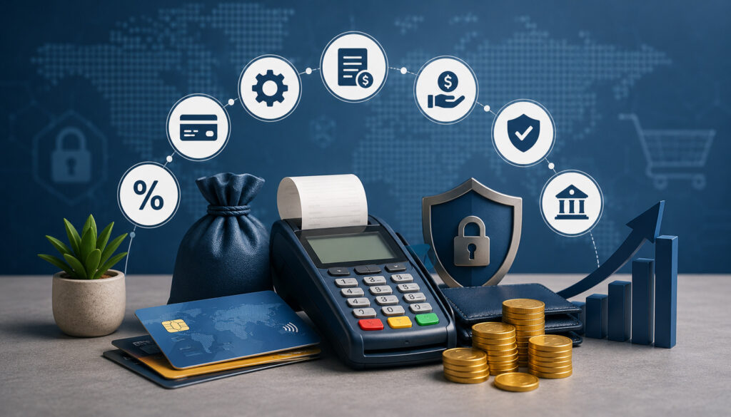 High-risk merchant account fees illustration with POS terminal and payment security icons