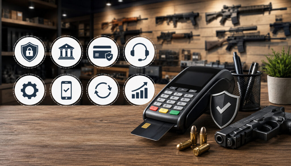Gun-friendly payment processing illustration with secure POS terminal and firearm retail background
