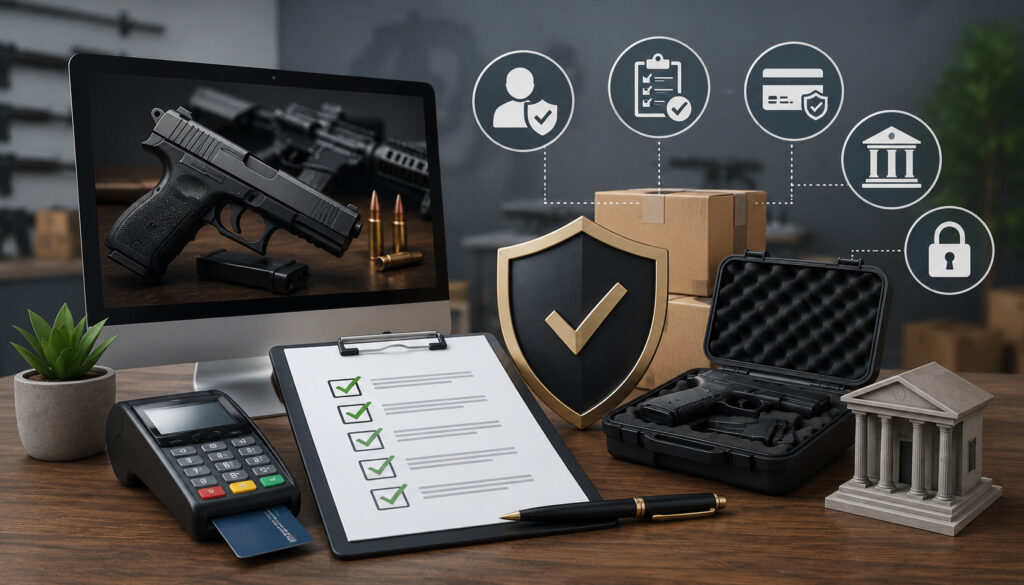 Firearm merchant account underwriting illustration with payment security and compliance icons