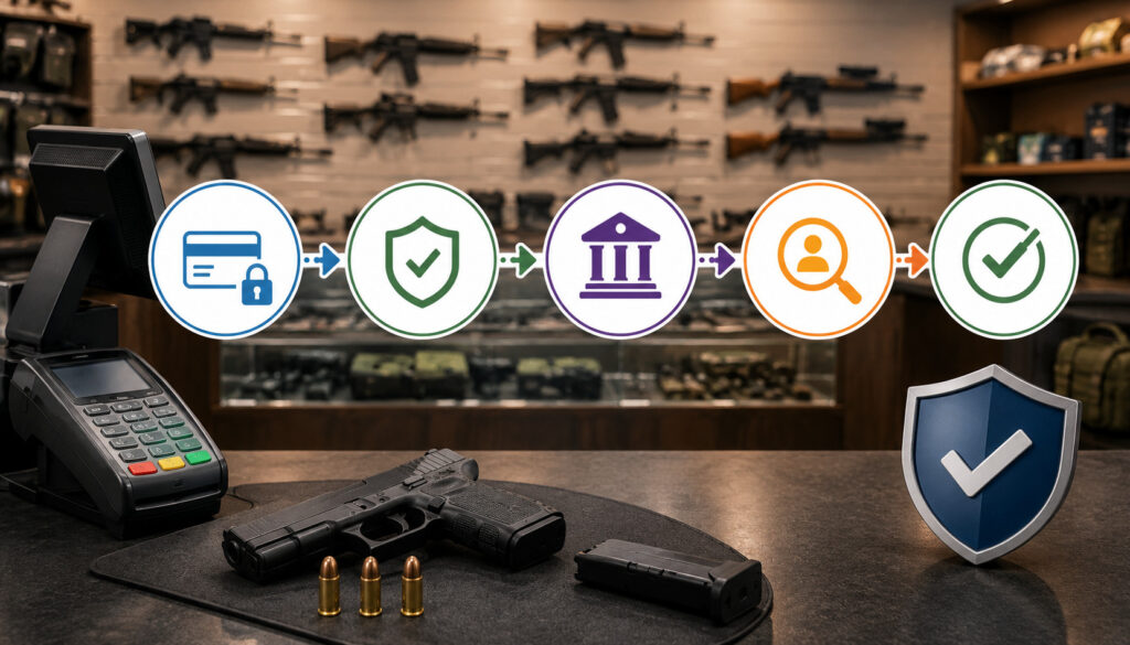 Gun store payment processing approval illustration