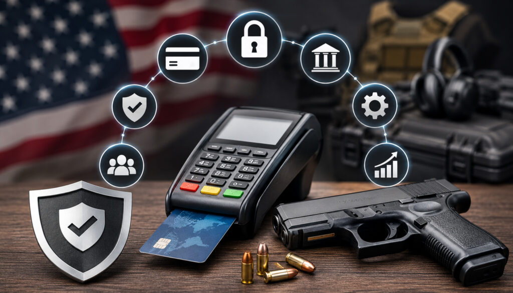 Firearm-friendly payment processing illustration with POS terminal and security icons