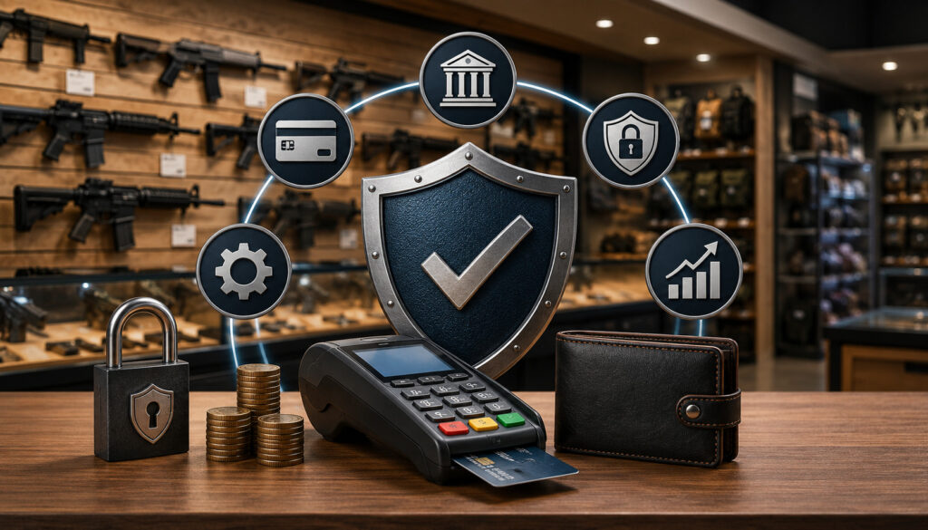 Gun store payment security illustration with POS terminal and finance icons
