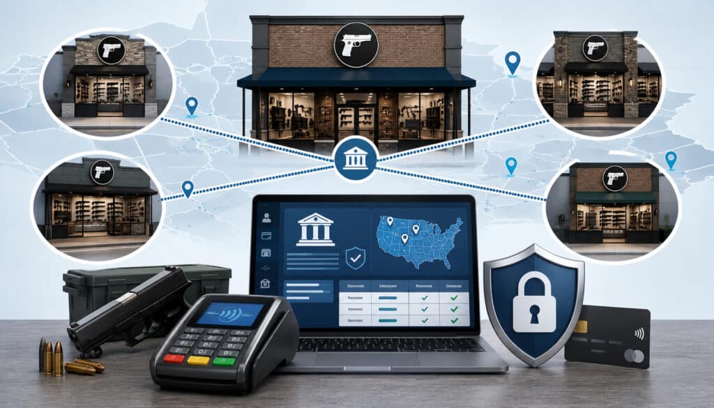 Multi-location gun shop payment processing illustration