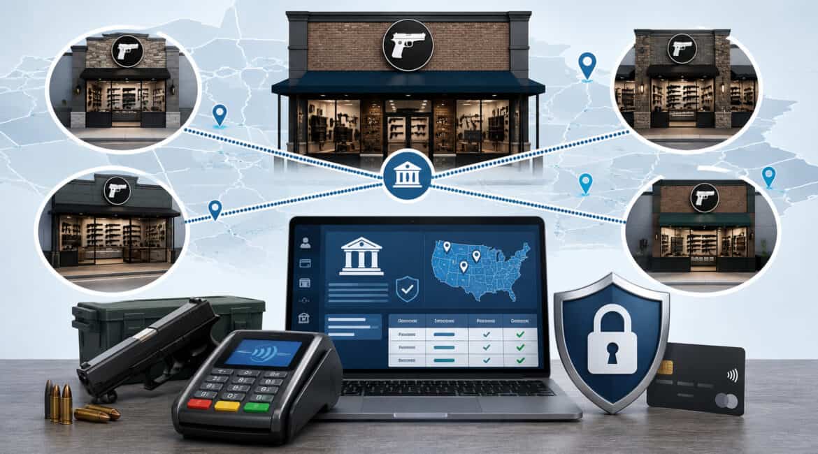 Multi-location gun shop payment processing illustration