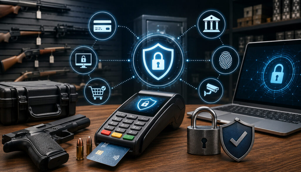Secure payment system for firearm business with cybersecurity protection icons