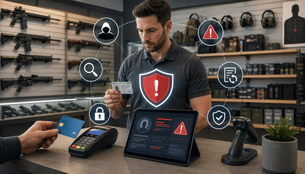 Gun store fraud prevention and payment security illustration