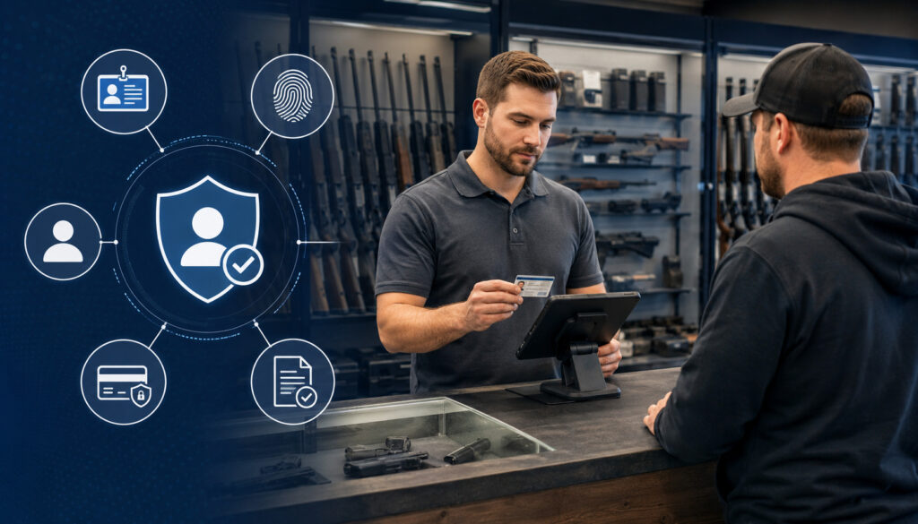 Customer ID verification at a firearm store counter