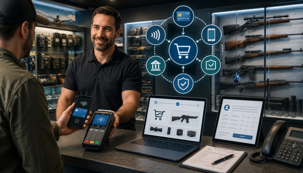 Multi-channel payment processing in a firearm store