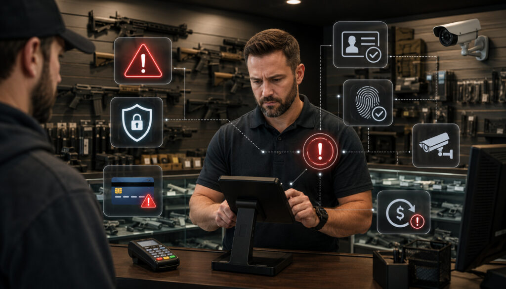 Payment fraud warning signs at a gun store checkout